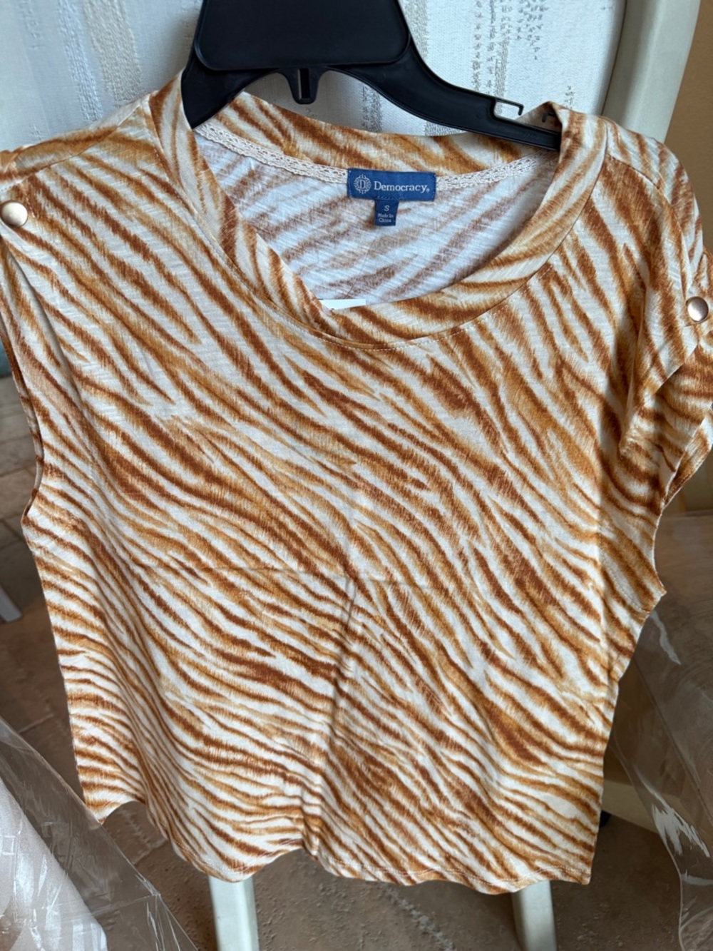 Democracy Tan & White Zebra-Stripe Short Sleeve Tee